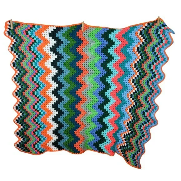Hand Knit Afghan Zig Zag Chevron Vintage Lap Robe Granny Colorful 45x39” Throw - Picture 2 of 10